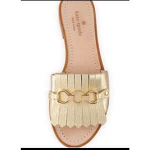 KATE SPADE NEW YORK Brie Fringe Gold Leather Slide Chain Sandals Size 8.5 EUC